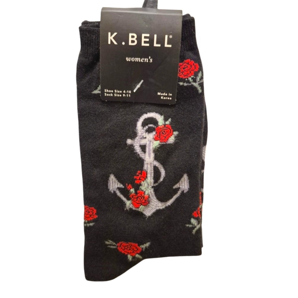 K. Bell Women's Black Socks with Red Rose and Anchor Design